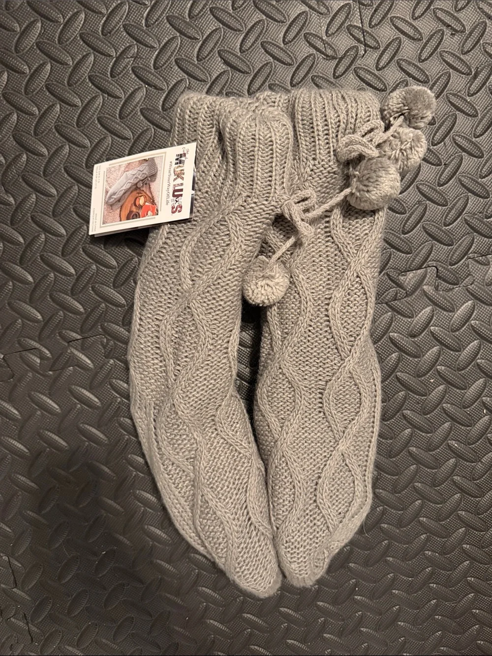 Muk Luks Women's Cable Knit Pom Pom Slipper Socks in Light Gray